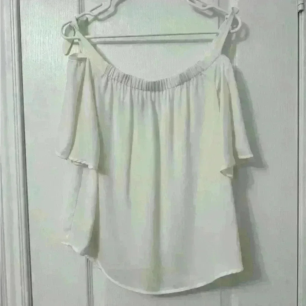 Naked Zebra Woman’s White Sheer Business Casual  Off-the-shoulder Flowy Top